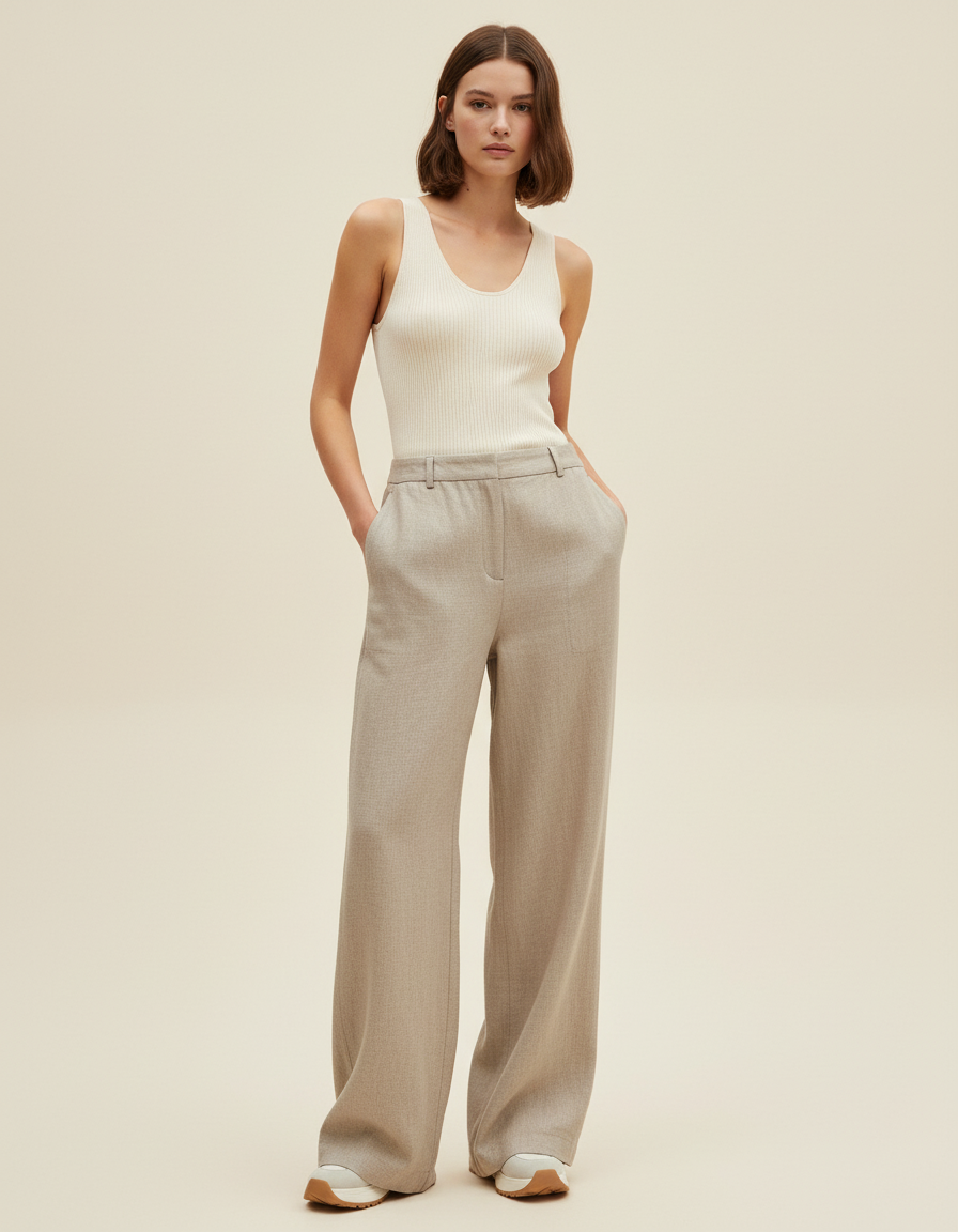 Pantalon Baggy Beige Laine Ample Taille Haute Élégant