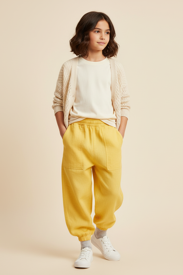 Pantalon Baggy Jaune Ample Taille Élastique Enfant - Lin
