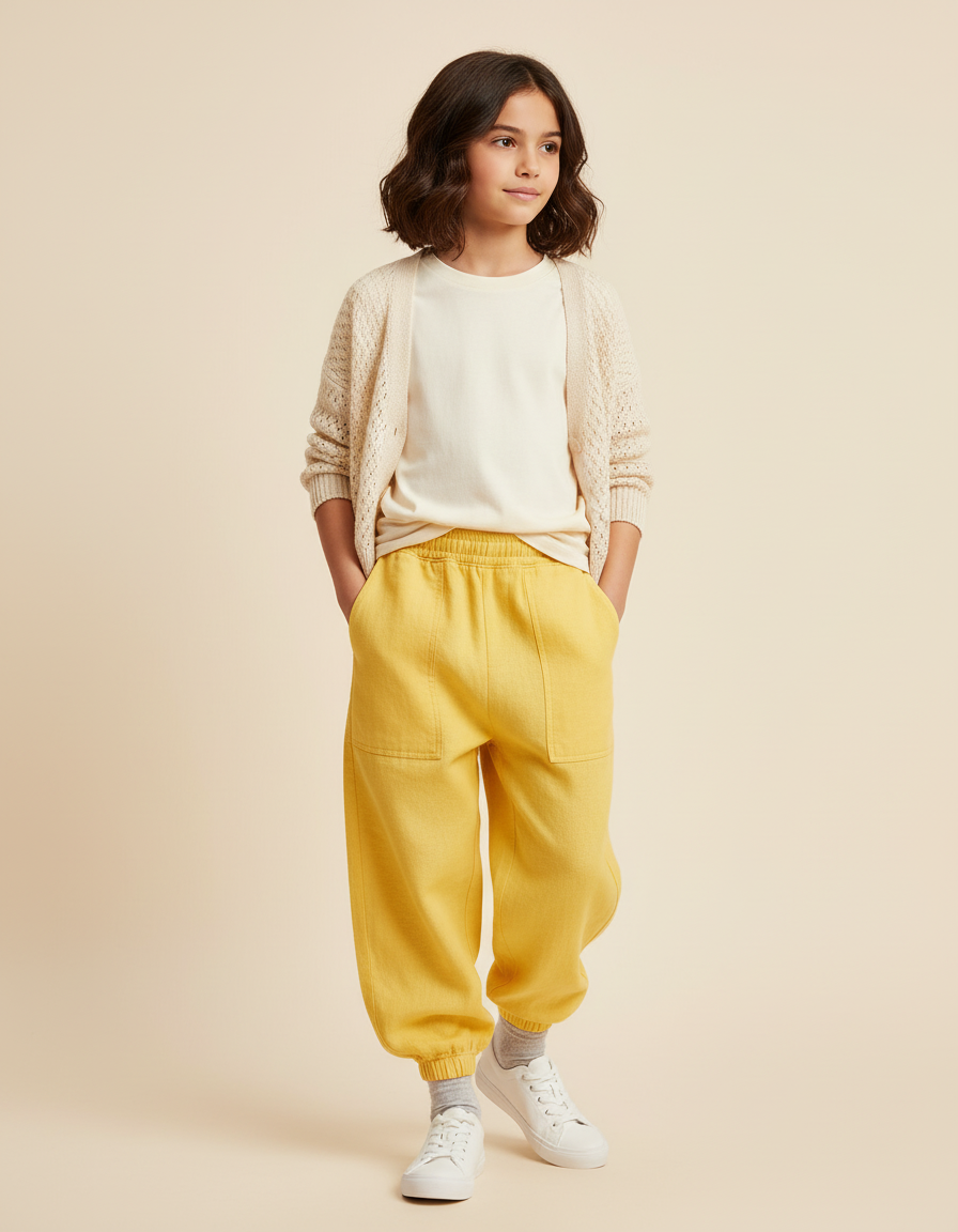 Pantalon Baggy Jaune Ample Taille Élastique Enfant - Lin