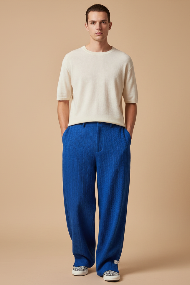 Pantalon Baggy Bleu Texturé Ample Décontracté Homme - Maille