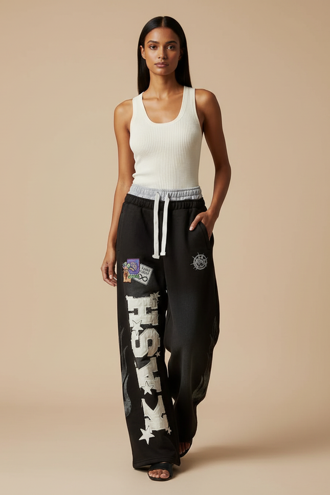 Pantalon Baggy Noir Ample Imprimé Décontracté Femme - Molleton