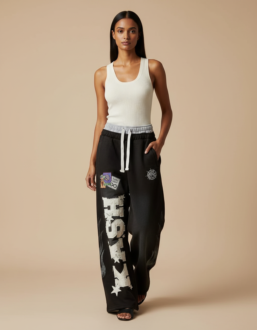 Pantalon Baggy Noir Ample Imprimé Décontracté Femme - Molleton