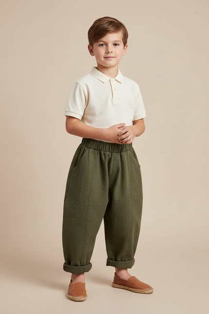 Pantalon Baggy Vert Olive Coton Ample Décontracté Enfant - Kaki Lin