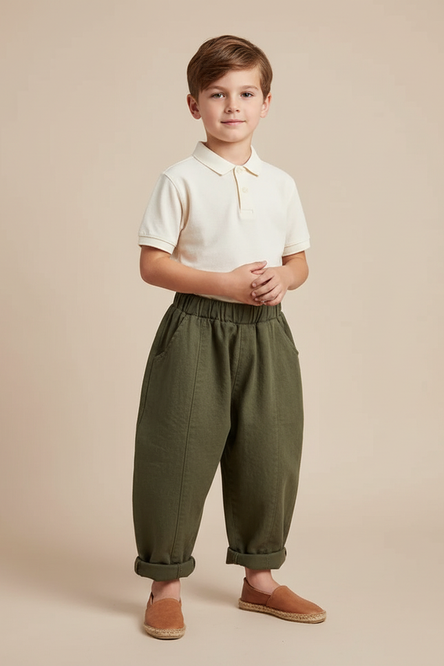 Pantalon Baggy Vert Olive Coton Ample Décontracté Enfant - Kaki Lin