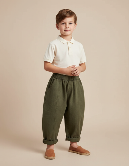 Pantalon Baggy Vert Olive Coton Ample Décontracté Enfant - Kaki Lin