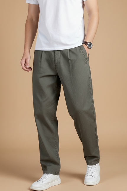 Pantalon Baggy Vert Kaki Coton Ample Décontracté Homme