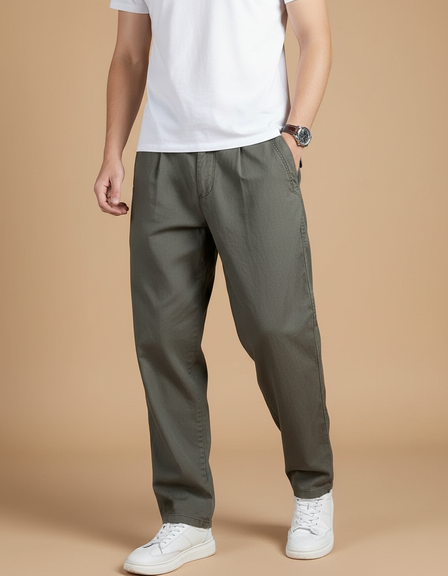 Pantalon Baggy Vert Kaki Coton Ample Décontracté Homme