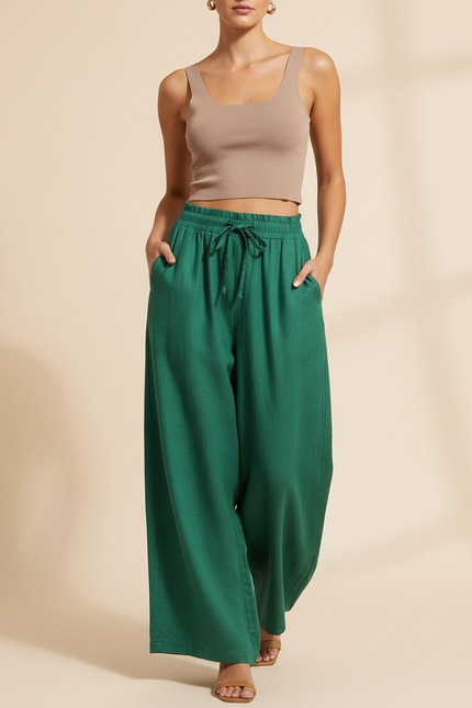 Pantalon Baggy Vert Émeraude Fluide Ample Lin Femme