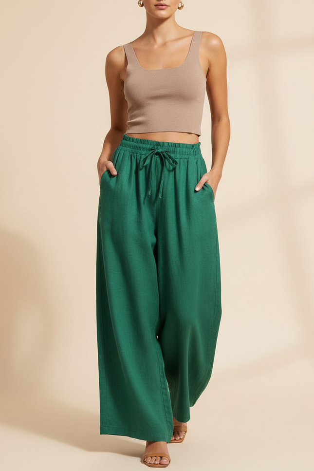 Pantalon Baggy Vert Émeraude Fluide Ample Lin Femme