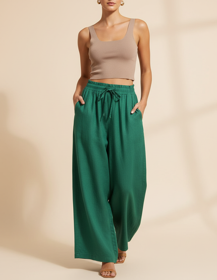 Pantalon Baggy Vert Émeraude Fluide Ample Lin Femme