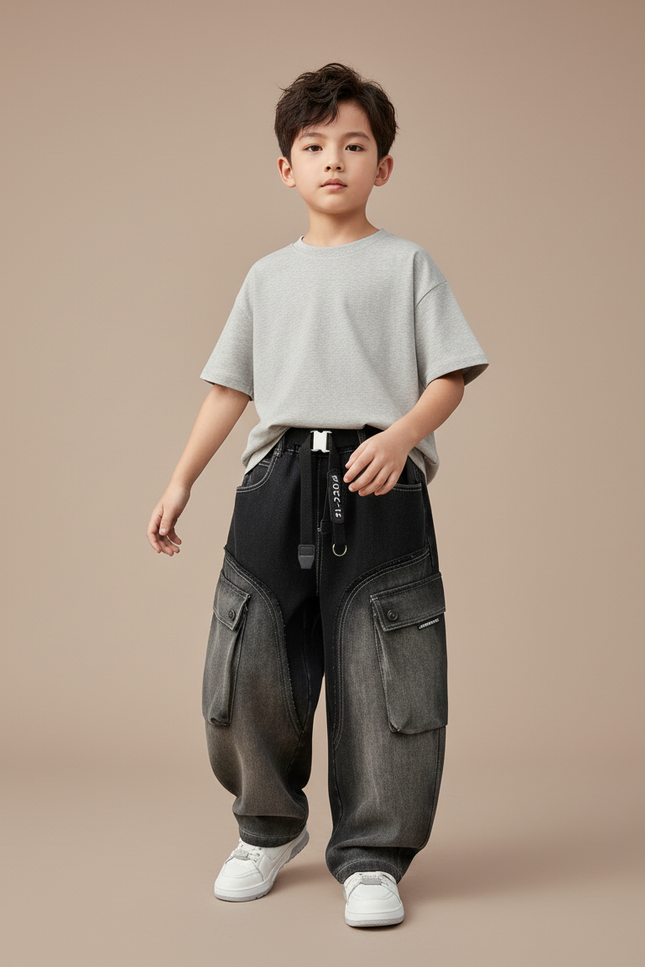 Pantalon Baggy Jean Dégradé Cargo Ample Enfant - Noir