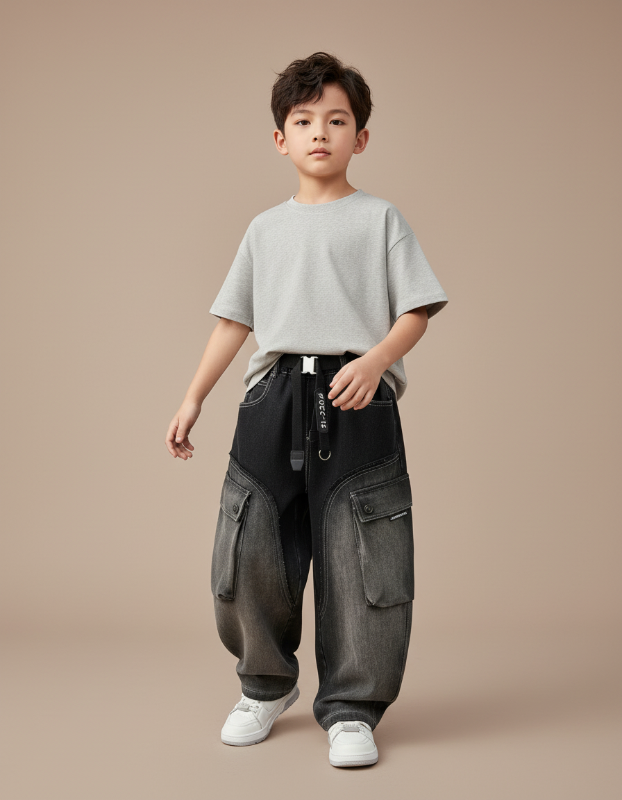 Pantalon Baggy Jean Dégradé Cargo Ample Enfant - Noir