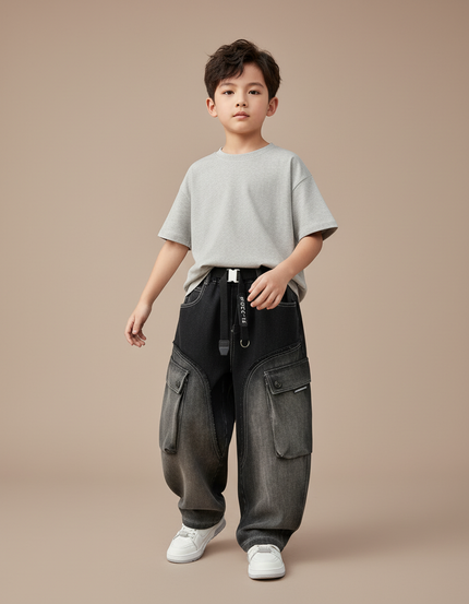 Pantalon Baggy Jean Dégradé Cargo Ample Enfant - Noir
