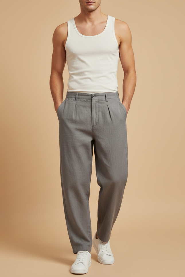 Pantalon Baggy Gris Plissé Lin Décontracté Homme