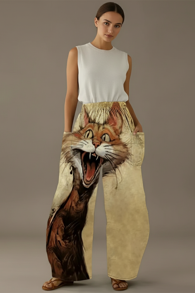Pantalon Baggy Chat Hurlant Ample Fluide Femme - Imprimé Viscose