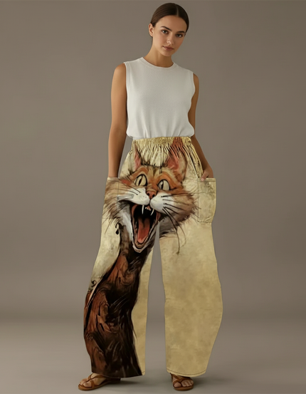 Pantalon Baggy Chat Hurlant Ample Fluide Femme - Imprimé Viscose