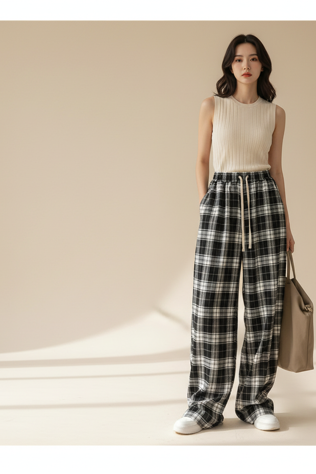 Pantalon Baggy Carreaux Noir Blanc Décontracté Ample - Multicolore Molleton