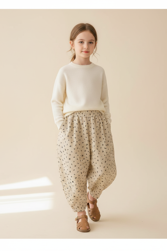 Pantalon Baggy Beige Côtelé Fleuri Ample Confortable - Cordé