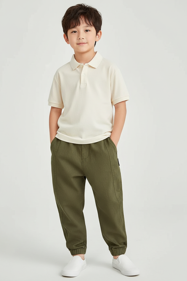 Pantalon Baggy Vert Olive Coton Uni Enfant - Kaki