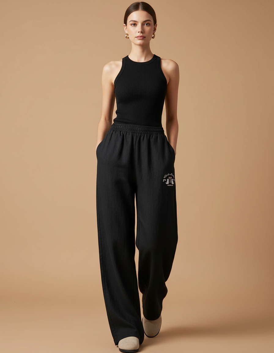 Pantalon Baggy Noir Lin Ample Brodé Décontracté Femme