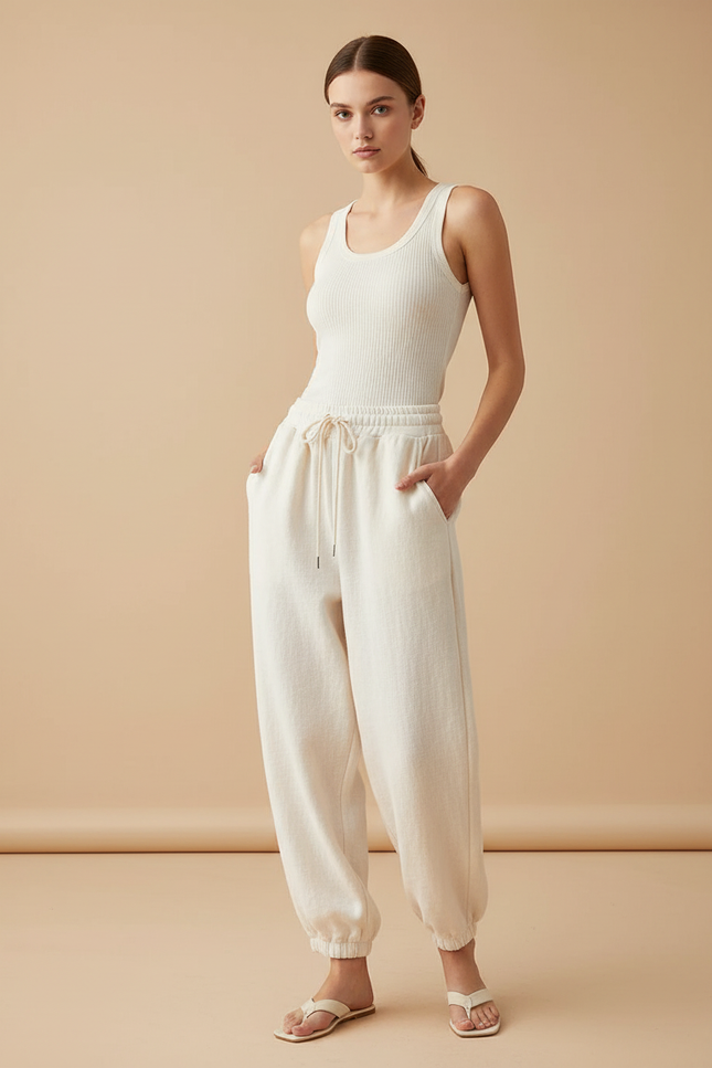 Pantalon Baggy Crème Molletonné Ample Cordon Confortable - Beige