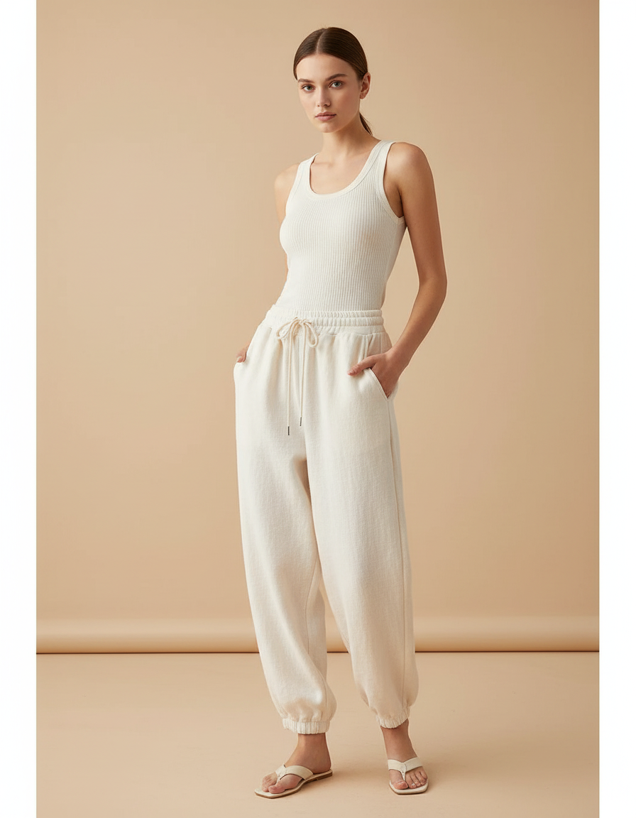 Pantalon Baggy Crème Molletonné Ample Cordon Confortable - Beige