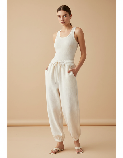 Pantalon Baggy Crème Molletonné Ample Cordon Confortable - Beige