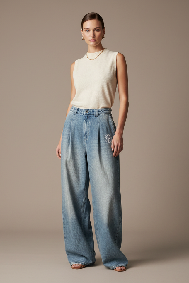 Pantalon Baggy Jean Bleu Ample Plissé Y2K