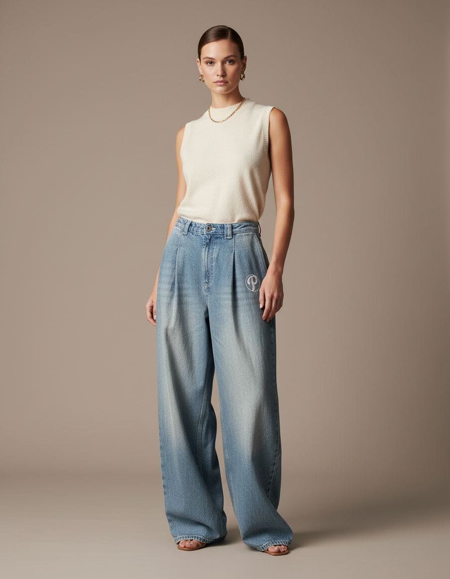 Pantalon Baggy Jean Bleu Ample Plissé Y2K