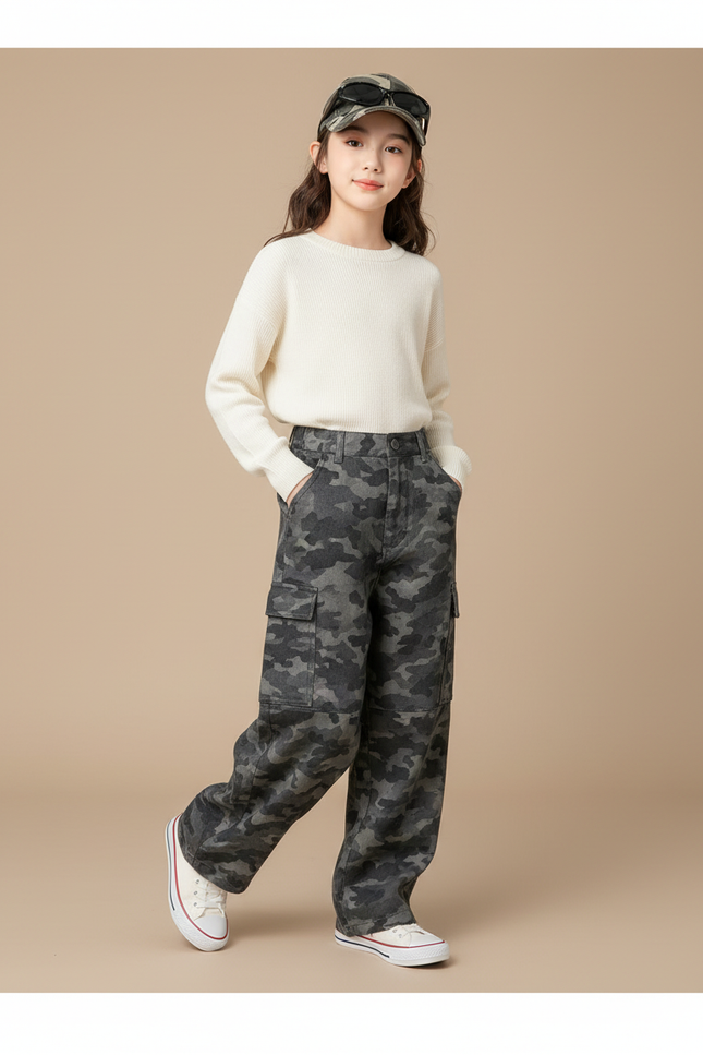 Pantalon Baggy Camouflage Cargo Ample Fille - Imprimé Toile