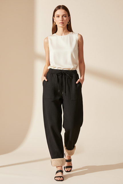 Pantalon Baggy Noir Ample Doublé Polaire Confortable - Molleton
