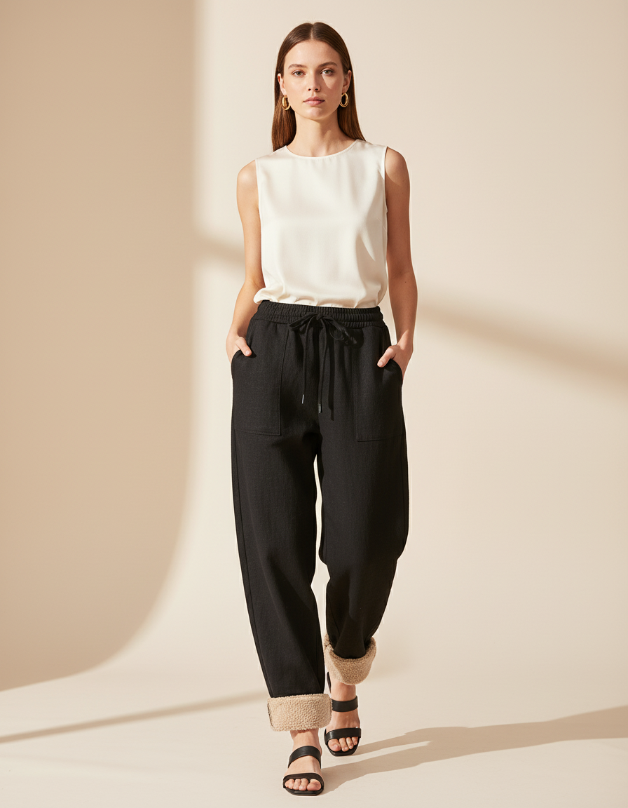 Pantalon Baggy Noir Ample Doublé Polaire Confortable - Molleton