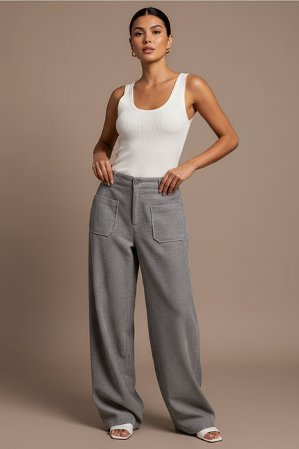 Pantalon Baggy Gris Côtelé Ample Femme Décontracté - Cordé