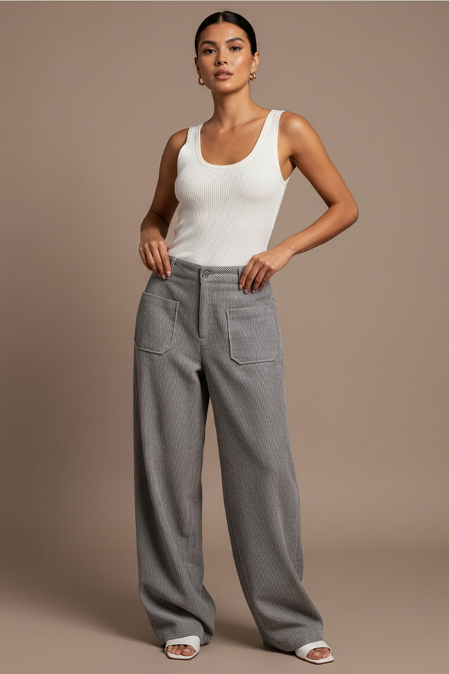 Pantalon Baggy Gris Côtelé Ample Femme Décontracté - Cordé