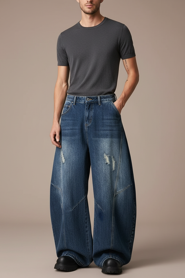 Pantalon Baggy Bleu Jean Ample Délavé Homme