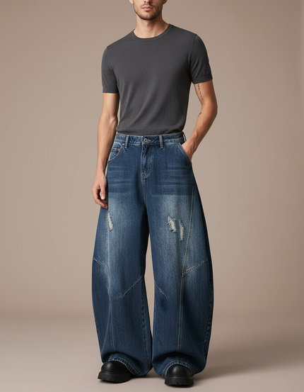 Pantalon Baggy Bleu Jean Ample Délavé Homme