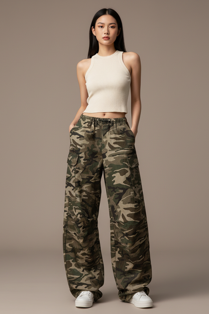 Pantalon Baggy Camouflage Ample Cargo Streetwear Femme - Multicolore Toile