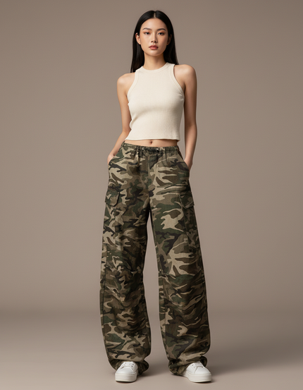 Pantalon Baggy Camouflage Ample Cargo Streetwear Femme - Multicolore Toile