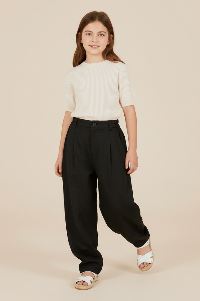 Pantalon Baggy Noir Ample Fluide Décontracté Fille - Lin