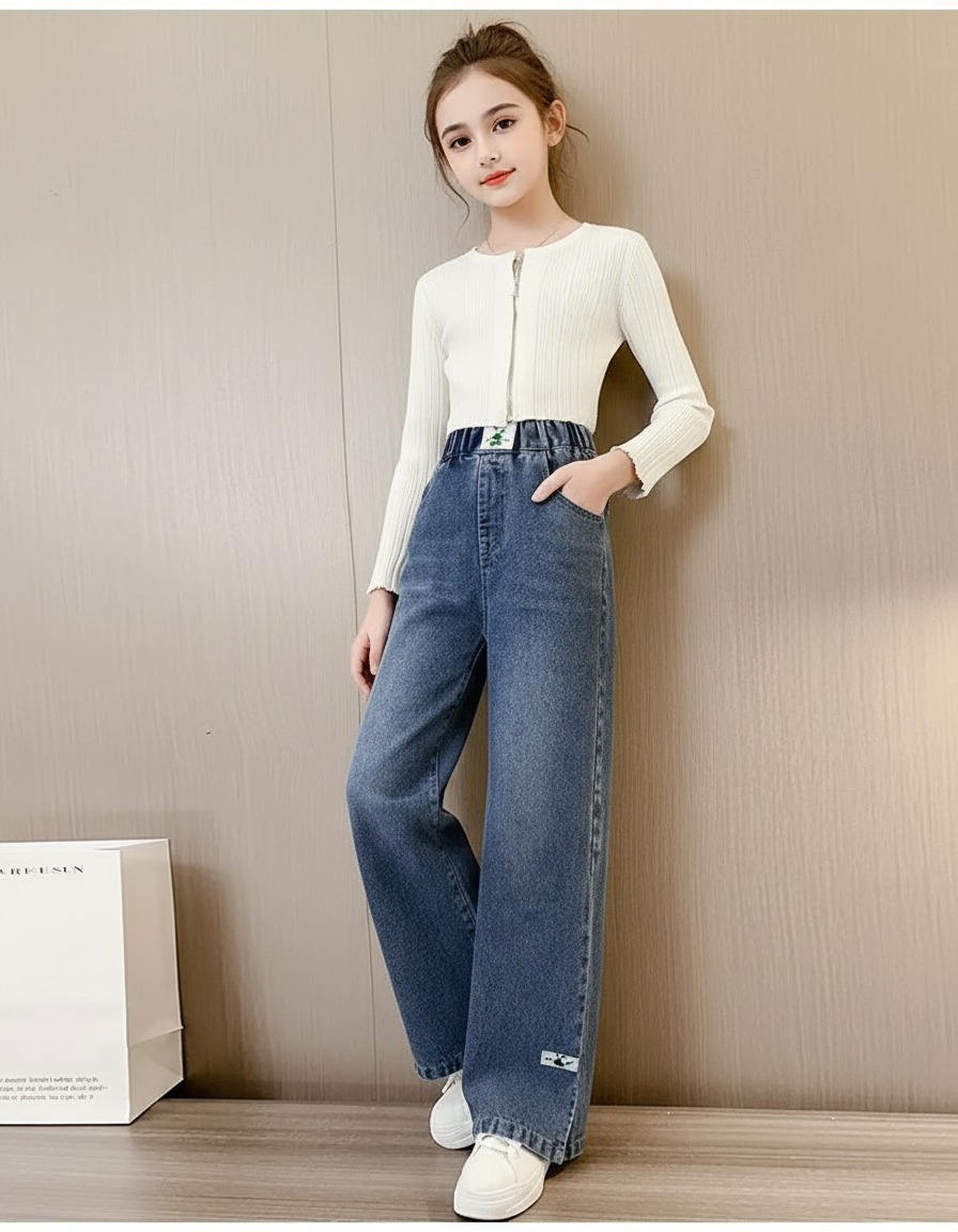 Pantalon Baggy Jean Bleu Taille Élastique Décontracté Fille
