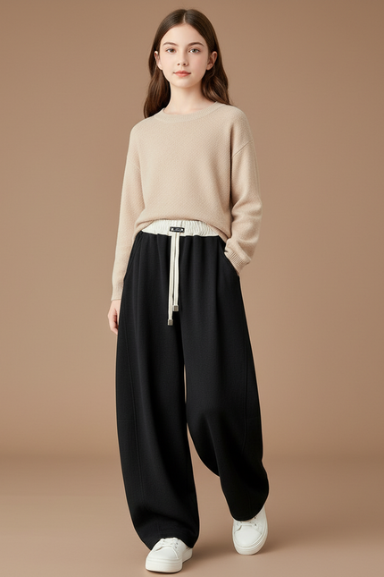 Pantalon Baggy Noir Ample Taille Haute Casual Fille - Molleton