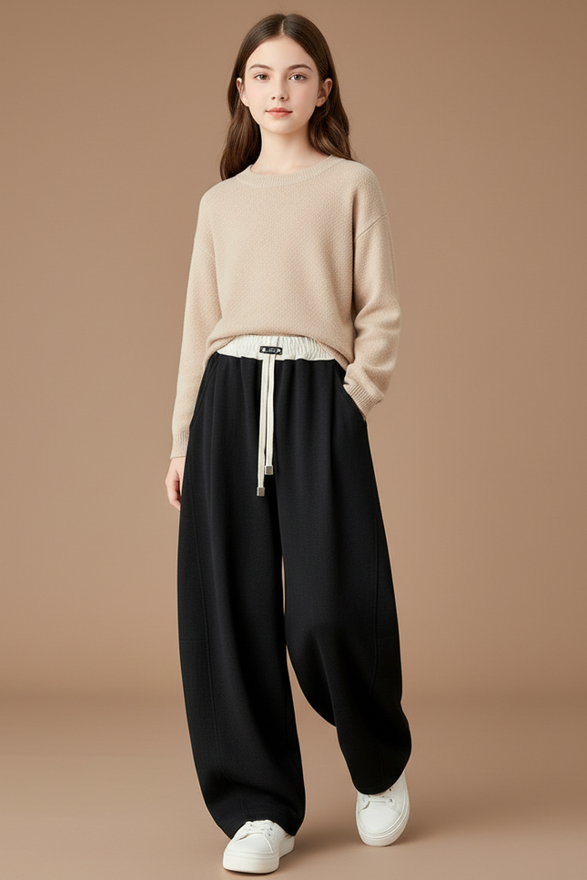 Pantalon Baggy Noir Ample Taille Haute Casual Fille - Molleton