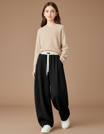 Pantalon Baggy Noir Ample Taille Haute Casual Fille - Molleton