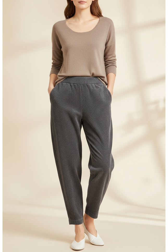 Pantalon Baggy Gris Côtelé Ample Plissé Décontracté - Cordé