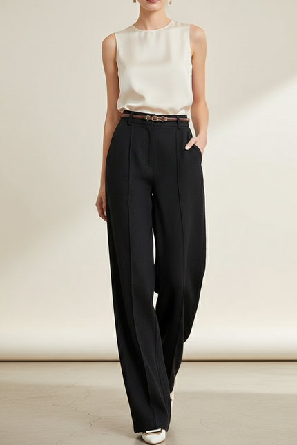 Pantalon Baggy Noir Ample Fluide Taille Haute Femme - Polyester