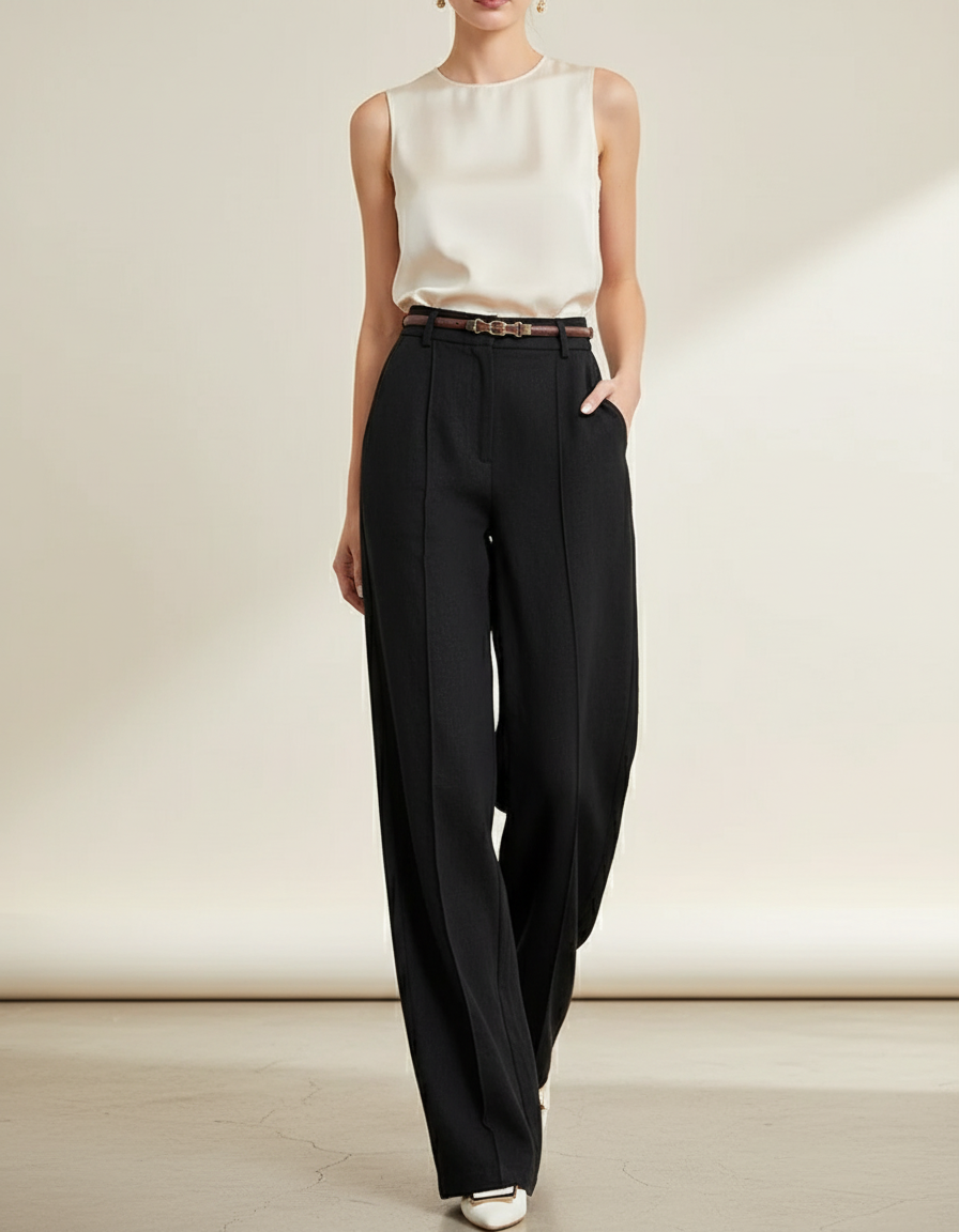 Pantalon Baggy Noir Ample Fluide Taille Haute Femme - Polyester