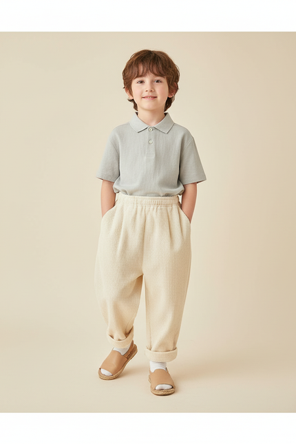 Pantalon Baggy Écru Côtelé Ample Confortable Enfant - Beige Cordé
