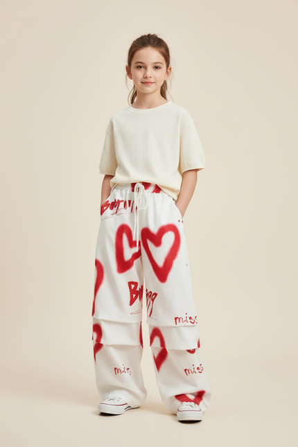 Pantalon Baggy Blanc Cœurs Rouges Ample Graffiti Fille - Molleton