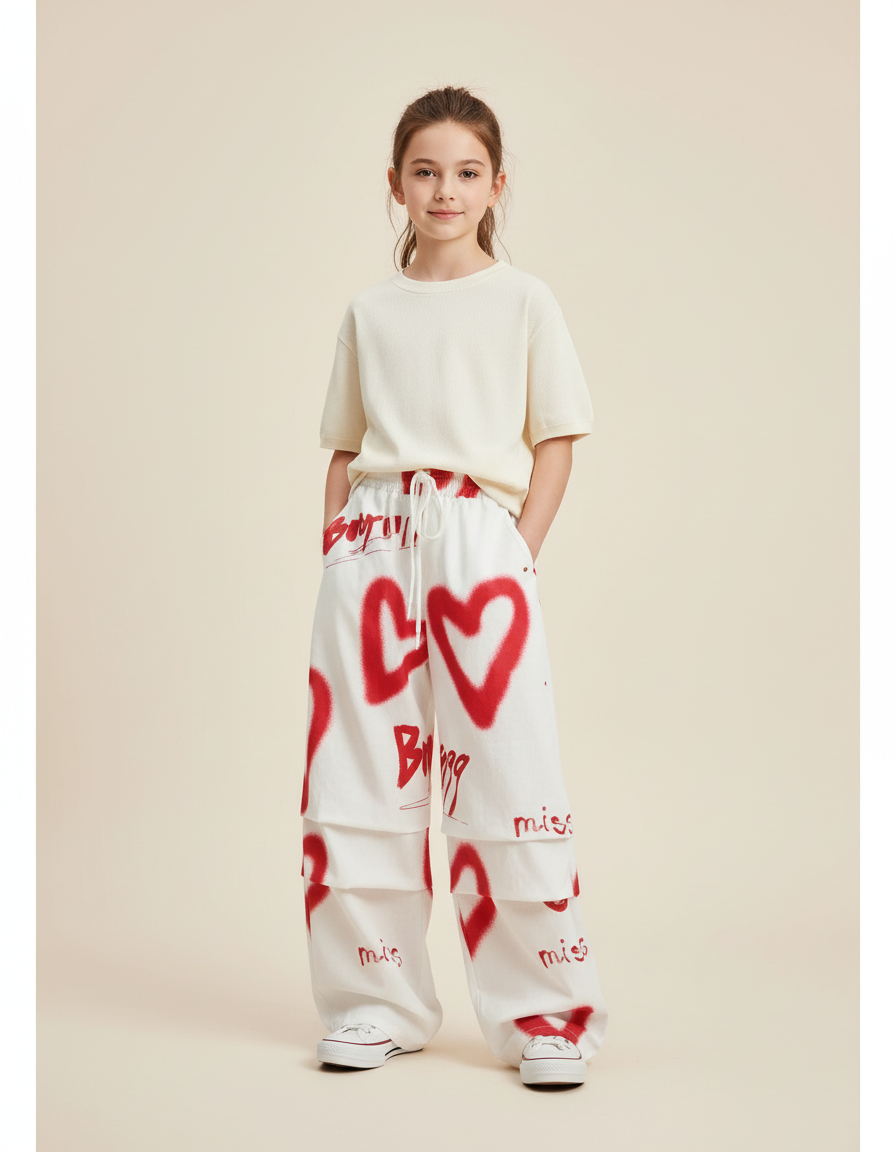 Pantalon Baggy Blanc Cœurs Rouges Ample Graffiti Fille - Molleton