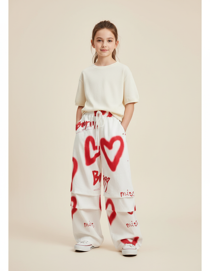 Pantalon Baggy Blanc Cœurs Rouges Ample Graffiti Fille - Molleton